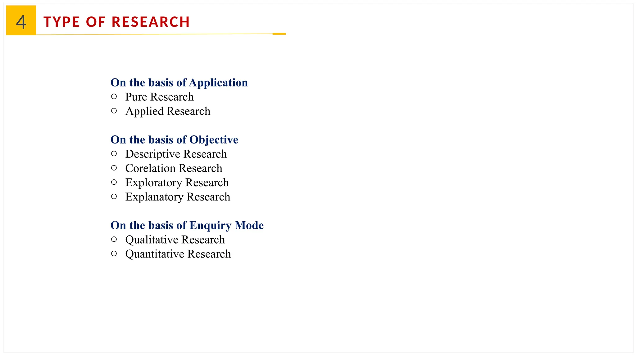 4 TYPE OF RESEARCH
On the basis of Application
o Pure Research
o Applied Research
On the basis of Objective
o Descriptive Research
o Corelation Research
o Exploratory Research
o Explanatory Research
On the basis of Enquiry Mode
o Qualitative Research
o Quantitative Research
 
