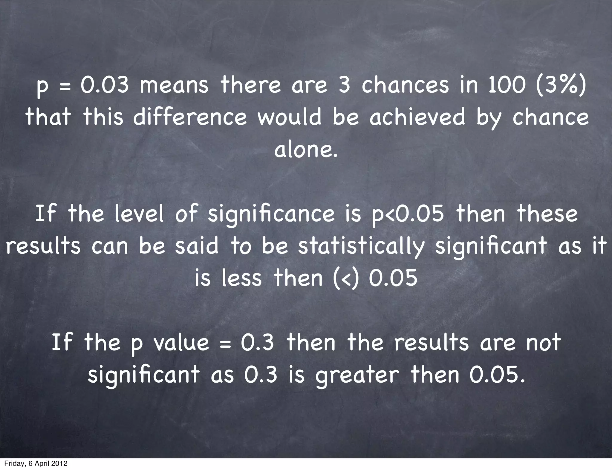 p = 0.03 means there are 3 chances in 100 (3%)
      that this difference would be achieved by chance
                            alone.

  If the level of signiﬁcance is p<0.05 then these
results can be said to be statistically signiﬁcant as it
                 is less then (<) 0.05

              If the p value = 0.3 then the results are not
                 signiﬁcant as 0.3 is greater then 0.05.


Friday, 6 April 2012
 