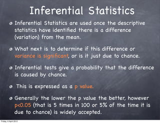 Inferential Statistics
                Inferential Statistics are used once the descriptive
                statistics have identiﬁed there is a difference
                (variation) from the mean.

                What next is to determine if this difference or
                variance is signiﬁcant, or is it just due to chance.

                Inferential tests give a probability that the difference
                is caused by chance.

                  This is expressed as a p value.

                Generally the lower the p value the better, however
                p<0.05 (that is 5 times in 100 or 5% of the time it is
                due to chance) is widely accepted.
Friday, 6 April 2012
 