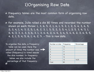 1)Organising Raw Data
                Frequency tables are the most common form of organising raw
                data.

                For example, Julie rolled a die 80 times and recorded the number
                shown on each throw: 1, 3, 6, 5, 2, 1, 6, 1, 5, 2, 1, 2, 5, 4, 3, 6, 5,
                2, 3, 4, 1, 4, 3, 2, 5, 1, 6, 2, 3, 1, 5, 5, 2, 3, 5, 4, 1, 3, 5, 3, 6, 3, 1,
                6, 6, 3, 3, 4, 3, 3, 6, 3, 1, 3, 4, 6, 2, 4, 6, 3, 4, 5, 4, 6, 2, 3, 4, 5, 5,
                4, 2, 1, 5, 4, 5, 6, 1, 6, 2, 5. - This is raw data.

          To organise the data, a frequency
             table can be used. Here the
          amount of times the number was
          rolled (frequency) is listed beside
            the dice number. In frequency
              tables we also include the
            percentage of that frequency.



Friday, 6 April 2012
 