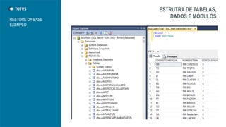 ESTRUTRA DE TABELAS,
DADOS E MÓDULOS
RESTORE DA BASE
EXEMPLO
 