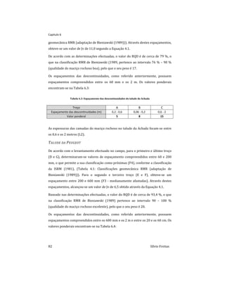 Capitulo 6
82 Sílvio Freitas
geomecânica RMR (adaptação de Bieniawski (1989))). Através destes espaçamentos,
obteve-se um valor de Jv de 11,0 segundo a Equação 4.1.
De acordo com as determinações efectuadas, o valor do RQD é de cerca de 79 %, o
que na classificação RMR de Bieniawski (1989, pertence ao intervalo 76 % – 90 %
(qualidade do maciço rochoso boa), pelo que o seu peso é 17.
Os espaçamentos das descontinuidades, como referido anteriormente, possuem
espaçamentos compreendidos entre os 60 mm e os 2 m. Os valores ponderais
encontram-se na Tabela 6.3:
Tabela 6.3: Espaçamento das descontinuidades do talude da Achada
Troço A B C
Espaçamento das descontinuidades (m) 0,2 - 0,6 0,06 - 0,2 0,6 - 2
Valor ponderal 5 8 15
As espessuras das camadas do maciço rochoso no talude da Achada focam-se entre
os 0,6 e os 2 metros (L2).
TALUDE DA PEUGEOT
De acordo com o levantamento efectuado no campo, para o primeiro e último troço
(D e G), determinaram-se valores de espaçamento compreendidos entre 60 e 200
mm, o que permite a sua classificação como próximas (F4), conforme a classificação
da ISRM (1981), (Tabela 4.1: Classificações geomecânica RMR (adaptação de
Bieniawski (1989))). Para o segundo e terceiro troço (E e F), obteve-se um
espaçamento entre 200 e 600 mm (F3 - medianamente afastadas). Através destes
espaçamentos, alcançou-se um valor de Jv de 6,5 obtido através da Equação 4.1.
Baseado nas determinações efectuadas, o valor do RQD é de cerca de 93,4 %, o que
na classificação RMR de Bieniawski (1989) pertence ao intervalo 90 – 100 %
(qualidade do maciço rochoso excelente), pelo que o seu peso é 20.
Os espaçamentos das descontinuidades, como referido anteriormente, possuem
espaçamentos compreendidos entre os 600 mm e os 2 m e entre os 20 e os 60 cm. Os
valores ponderais encontram-se na Tabela 6.4:
 