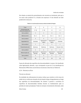 Análise dos resultados
Sílvio Freitas 85
Em relação ao material de preenchimento este encontra-se inexistente, pelo que o
seu maior valor ponderal é 6, a brando com espessura <5 mm obtendo um valor
ponderal de 2 (troço G).
Tabela 6.6: Caracterização do maciço rochoso do talude da Peugeot
Troço D E F G
Comprimento das
descontinuidades (m)
3 - 10 3 - 10 <1 1 - 3
Valor ponderal 2 2 6 4
Abertura (mm) 0,1 - 1 0,1 - 1 0,1 - 1 0,1 - 1
Valor ponderal 4 4 4 4
Rugosidade (m) Ondulada
Ligeiramente
rugosa
Ligeiramente
rugosa
Ondulada
Valor ponderal 1 3 3 1
Preenchimento (m) Nenhuma Nenhuma Nenhuma Brando <5mm
Valor ponderal 6 6 6 2
Meteorização (m)
Ligeiramente
alterada
Ligeiramente
alterada
Ligeiramente
alterada
Ligeiramente
alterada
Valor ponderal 5 5 5 5
Total 18 20 24 16
O grau de alteração das superfícies das descontinuidades é comum e foi classificado
como ligeiramente alterado, o que corresponde ao peso de 5, da classificação de
Bieniawski (1989). Estas características encontram-se descritas na Tabela 6.6.
6.3.4 PRESENÇA DE ÁGUA
TALUDE DA ACHADA
Na totalidade dos afloramentos do maciço rochoso que constitui os três troços do
talude não se verificaram situações de percolação de água, designadamente ao longo
das superfícies de descontinuidades. No entanto é possível a ocorrência de
superfícies de descontinuidade húmidas durante ou imediatamente após os
períodos de maior precipitação. Tendo em atenção o levantamento efectuado, ainda
 