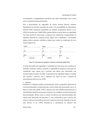 Metodologia de Trabalho
Sílvio Freitas 49
correspondem a irregularidades superficiais que estão relacionadas com o atrito
entre as paredes das descontinuidades.
Para a determinação da rugosidade do maciço existem diversos métodos
dependendo da precisão requerida, da escala e da acessibilidade do afloramento,
obtendo desde estimativas qualitativas até medidas quantitativas (Ferrer, et al.,
1999). De acordo com o ISRM (1981), podem utilizar-se perfis típicos de rugosidade
com duas escalas de observação: a pequena (em centímetros; irregularidades de
superfície, detectáveis a pequena escala: rugosa, lisa e espelhada) e a intermédia
(alguns metros; patamar, ondulada e planar) que resulta na combinação de nove
classes (Figura 4.3).
Figura 4.3: Perfis típicos de rugosidade e respectivas classificações (ISRM, 1981).
A escala intermédia da rugosidade é constituída por três graus (em escadaria ou
denteada, ondulada e planar), enquanto a rugosidade de pequena escala pode ser
considerada como rugosa, lisa e estriada, este último caso relacionado com
movimentações de planos de falha. A importância da rugosidade diminui à medida
que aumenta a abertura, com a espessura do relevo ou com o material de
preenchimento (Ferrer, et al., 1999).
e. Abertura
A abertura é a distância medida na perpendicular, entre as superfícies adjacentes de
uma descontinuidade, considerando que o interior pode estar preenchido com ar ou
água ou então vazio (ISRM, 1978). A abertura tem uma influência determinante na
condutividade hidráulica dos maciços rochosos e na resistência ao deslocamento das
descontinuidades. Muitas vezes, os valores da abertura das descontinuidades têm
valores cujas dimensões são inferiores a 1 mm, verificando-se para o interior dos
maciços rochosos uma tendência para que a abertura seja muito reduzida ou mesmo
nula (Ferrer, et al., 1999). Procedeu-se à classificação da abertura das
 