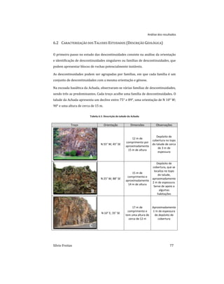 Análise dos resultados
Sílvio Freitas 77
6.2 CARACTERIZAÇÃO DOS TALUDES ESTUDADOS (DESCRIÇÃO GEOLÓGICA)
O primeiro passo no estudo das descontinuidades consiste na análise da orientação
e identificação de descontinuidades singulares ou famílias de descontinuidades, que
podem apresentar blocos de rochas potencialmente instáveis.
As descontinuidades podem ser agrupadas por famílias, em que cada família é um
conjunto de descontinuidades com a mesma orientação e génese.
Na escoada basáltica da Achada, observaram-se várias famílias de descontinuidades,
sendo três as predominantes. Cada troço acolhe uma família de descontinuidades. O
talude da Achada apresenta um declive entre 75° e 89°, uma orientação de N 10° W;
90° e uma altura de cerca de 15 m.
Tabela 6.1: Descrição do talude da Achada
Troço Orientação Dimensões Observações
N 55° W; 45° SE
12 m de
comprimento por
aproximadamente
15 m de altura
Depósito de
cobertura no topo
do talude de cerca
de 3 m de
espessura
N 25° W; 88° SE
15 m de
comprimento e
aproximadamente
14 m de altura
Depósito de
cobertura, que se
localiza no topo
do talude,
aproximadamente
2 m de espessura.
Serve de apoio a
algumas
habitações
N 10° E; 35° SE
17 m de
comprimento e
tem uma altura de
cerca de 12 m
Aproximadamente
1 m de espessura
de depósito de
cobertura
 