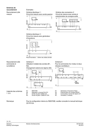14 / 16
Siemens Module d'entrées/sorties CE1N3124fr
Building Technologies 06.2010
Exemples :
Schéma électrique 1 :
Circuit de mesure avec sonde passive
G
B M
G
G0
X... M MX... MX...
G0
B1
N1
3123A02
AC24V
Schéma des connexions 2:
Circuit de mesure avec sonde et
potentiomètre de consigne actifs
G
out
G
G0
MG1 X...
G0
R2
N1
3123A11
AC24V
(3)
GNGL
(2)(1)
X... M G1
B3B M G in
(4)
Schéma électrique 3 :
Circuit de mesure avec générateur
d'impulsions
R1
N1
AC24V
Recommandation : Utiliser des câbles blindés
Schéma 4:
Utilisation multiple des sondes (B1,
N2),
Changement externe de régime (S6)
G
G0
AC24V
3123A12
G
G0
N1
G0G1 Y1
X... M MX...
B1
S6
G
G0
X...
N2
B M
M
Schéma 5:
Pour la commande d'un moteur à deux
vitesses (ventilateur)
G
G0
AC24V
3123A13
G
G0
N1
G0G1 Y1
X... M MX...
B1
M1
B M
Q12 Q14
Q11 Q23
Q24
AC 24...230 V
2
N1 RMS705B
N2 Régulateur universel RLU210
B1 Sonde de gaine QAM21.20…
B3 Sonde de gaine QAM2161.040
R1 Générateur d'impulsions Reed
R2 Potentiomètre de consigne BSG61
S6 Commutateur manuel de régime C/F
M1 Ventilateur 2 vitesses
Pour la configuration interne du RMS705B, veuillez consulter le manuel technique
CE1P3124.
Schémas de
raccordement
Raccordement côté
mesure
Raccordement côté
commande et
surveillance
Légende des schémas
1 à 5
Remarque
 