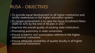 To provide equal development to all higher institutions and
rectify weaknesses in the higher education system.
It’s target achievement is to raise the Gross Enrollment Ratio
(GER) to 32% by the end of XII plan in 2017
Improve the overall quality of existing state institutions
Promoting autonomy in state universities
Ensure academic and examination reforms in the higher
educational institutions
Ensure adequate availability of quality faculty in all higher
educational institutions
 