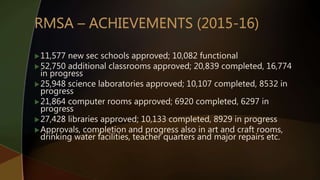11,577 new sec schools approved; 10,082 functional
52,750 additional classrooms approved; 20,839 completed, 16,774
in progress
25,948 science laboratories approved; 10,107 completed, 8532 in
progress
21,864 computer rooms approved; 6920 completed, 6297 in
progress
27,428 libraries approved; 10,133 completed, 8929 in progress
Approvals, completion and progress also in art and craft rooms,
drinking water facilities, teacher quarters and major repairs etc.
 