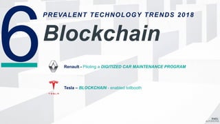 PREVALENT TECHNOLOGY TRENDS 2018
Blockchain
Renault - Piloting a DIGITIZED CAR MAINTENANCE PROGRAM
Tesla – BLOCKCHAIN - enabled tollbooth
 