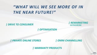 | WARRANTY PRODUCTS
“WHAT WILL WE SEE MORE OF IN
THE NEAR FUTURE!”
| DRIVE TO CONSUMER
| OPTIMISATION
| REMARKETING
| PRIVATE ONLINE STORES | OMNI CHANNELLING
OUTSOURCING
 