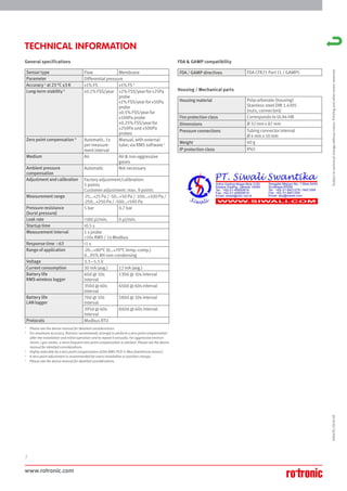 www.rotronic.com
2
TECHNICAL INFORMATION
59067E/2018-09
Subject
to
technical
change
without
notice.
Printing
and
other
errors
reserved.
Sensor type Flow Membrane
Parameter Differential pressure
Accuracy 1
at 23 °C ±3 K ±1% FS ±1% FS 2
Long-term stability 3
±0.1% FSS/year ±2% FSS/year for ±25Pa
probe
±1% FSS/year for ±50Pa
probe
±0.5% FSS/year for
±100Pa probe
±0.25% FSS/year for
±250Pa und ±500Pa
probes
Zero point compensation 4
Automatic, 1x
per measure-
ment interval
Manual, with external
tube; via RMS software 5
Medium Air Air & non-aggressive
gases
Ambient pressure
compensation
Automatic Not necessary
Adjustment and calibration Factory adjustment/calibration:
5 points
Customer adjustment: max. 9 points
Measurement range -25...+25 Pa / -50…+50 Pa / -100...+100 Pa /
-250...+250 Pa / -500…+500 Pa
Pressure resistance
(burst pressure)
5 bar 0.7 bar
Leak rate <180 μl/min. 0 μl/min.
Startup time <0.5 s
Measurement interval 1 s probe
≥10s RMS / 1s Modbus
Response time τ63 <1 s
Range of application -20…+80°C (0…+70°C temp.-comp.)
0…95% RH non-condensing
Voltage 3.3–5.5 V
Current consumption 30 mA (avg.) 12 mA (avg.)
Battery life
RMS wireless logger
60d @ 10s
interval
130d @ 10s interval
350d @ 60s
interval
650d @ 60s interval
Battery life
LAN logger
70d @ 10s
interval
180d @ 10s interval
395d @ 60s
interval
840d @ 60s interval
Protocols Modbus RTU
FDA / GAMP directives FDA CFR21 Part 11 / GAMP5
Housing material Polycarbonate (housing)
Stainless steel DIN 1.4305
(nuts, connectors)
Fire protection class Corresponds to UL94-HB
Dimensions Ø 32 mm x 87 mm
Pressure connections Tubing connector internal
Ø 4 mm x 10 mm
Weight 60 g
IP protection class IP65
General specifications FDA & GAMP compatibility
Housing / Mechanical parts
1
Please see the device manual for detailed considerations.
2
For maximum accuracy, Rotronic recommends strongly to perform a zero point compensation
after the installation and initial operation and to repeat it annually. For aggressive environ-
ments / gas media, a more frequent zero point compensation is advised. Please see the device
manual for detailed considerations.
3
Highly reducible by a zero point compensation of the RMS-PCD-S-Mxx (membrane sensor).
4
A zero point adjustment is recommended for every installation or position change.
5
Please see the device manual for detailed considerations.
 