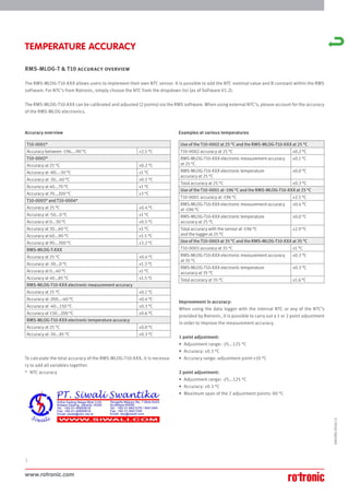 www.rotronic.com
3
59059D/2018-12
T10-0001*
Accuracy between -196...-90 °C ±2.5 °C
T10-0002*
Accuracy at 25 °C ±0.2 °C
Accuracy at -80...-30 °C ±1 °C
Accuracy at -30...40 °C ±0.5 °C
Accuracy at 40...70 °C ±1 °C
Accuracy at 70...200 °C ±3 °C
T10-0003* and T10-0004*
Accuracy at 25 °C ±0.4 °C
Accuracy at -50...0 °C ±1 °C
Accuracy at 0...30 °C ±0.5 °C
Accuracy at 30...60 °C ±1 °C
Accuracy at 60...90 °C ±1.5 °C
Accuracy at 90...200 °C ±3.2 °C
RMS-MLOG-T-XXX
Accuracy at 25 °C ±0.4 °C
Accuracy at -30...0 °C ±1.3 °C
Accuracy at 0...40 °C ±1 °C
Accuracy at 40...85 °C ±1.5 °C
RMS-MLOG-T10-XXX electronic measurement accuracy
Accuracy at 25 °C ±0.1 °C
Accuracy at -200...-40 °C ±0.4 °C
Accuracy at -40...150 °C ±0.3 °C
Accuracy at 150...200 °C ±0.6 °C
RMS-MLOG-T10-XXX electronic temperature accuracy
Accuracy at 25 °C ±0.0 °C
Accuracy at -30...85 °C ±0.3 °C
Use of the T10-0002 at 25 °C and the RMS-MLOG-T10-XXX at 25 °C
T10-0002 accuracy at 25 °C ±0.2 °C
RMS-MLOG-T10-XXX electronic measurement accuracy
at 25 °C
±0.1 °C
RMS-MLOG-T10-XXX electronic temperature
accuracy at 25 °C
±0.0 °C
Total accuracy at 25 °C ±0.3 °C
Use of the T10-0001 at -196 °C and the RMS-MLOG-T10-XXX at 25 °C
T10-0001 accuracy at -196 °C ±2.5 °C
RMS-MLOG-T10-XXX electronic measurement accuracy
at -196 °C
±0.4 °C
RMS-MLOG-T10-XXX electronic temperature
accuracy at 25 °C
±0.0 °C
Total accuracy with the sensor at -196 °C
and the logger at 25 °C
±2.9 °C
Use of the T10-0003 at 35 °C and the RMS-MLOG-T10-XXX at 35 °C
T10-0003 accuracy at 35 °C ±1 °C
RMS-MLOG-T10-XXX electronic measurement accuracy
at 35 °C
±0.3 °C
RMS-MLOG-T10-XXX electronic temperature
accuracy at 35 °C
±0.3 °C
Total accuracy at 35 °C ±1.6 °C
TEMPERATURE ACCURACY
RMS-MLOG-T & T10 accuracy overview
The RMS-MLOG-T10-XXX allows users to implement their own NTC sensor. It is possible to add the NTC nominal value and B constant within the RMS
software. For NTC’s from Rotronic, simply choose the NTC from the dropdown list (as of Software V1.2).
The RMS-MLOG-T10-XXX can be calibrated and adjusted (2 points) via the RMS software. When using external NTC’s, please account for the accuracy
of the RMS-MLOG electronics.
Accuracy overview
To calculate the total accuracy of the RMS-MLOG-T10-XXX, it is necessa-
ry to add all variables together.
* NTC accuracy
Improvement in accuracy:
When using the data logger with the internal NTC or any of the NTC’s
provided by Rotronic, it is possible to carry out a 1 or 2 point adjustment
in order to improve the measurement accuracy.
1 point adjustment:
• Adjustment range: -25...125 °C
• Accuracy: ±0.3 °C
• Accuracy range: adjustment point ±10 °C
2 point adjustment:
• Adjustment range: -25...125 °C
• Accuracy: ±0.3 °C
• Maximum span of the 2 adjustment points: 80 °C
Examples at various temperatures
 