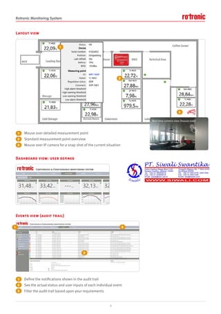 Rotronic Monitoring System
Layout view
Mouse over detailed measurement point
Standard measurement point overview
Mouse over IP camera for a snap shot of the current situation
Dashboard view: user defined
Events view (audit trail)
Define the notifications shown in the audit trail
See the actual status and user inputs of each individual event
Filter the audit trail based upon your requirements
8
Real time camera view (mouse over)
1
1
2
2
3
3
1
1
1
1
1
1
2
2
2
2
2
2
3
3
3
3
3
3
 