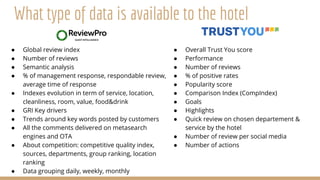 ● Global review index
● Number of reviews
● Semantic analysis
● % of management response, respondable review,
average time of response
● Indexes evolution in term of service, location,
cleanliness, room, value, food&drink
● GRI Key drivers
● Trends around key words posted by customers
● All the comments delivered on metasearch
engines and OTA
● About competition: competitive quality index,
sources, departments, group ranking, location
ranking
● Data grouping daily, weekly, monthly
● Overall Trust You score
● Performance
● Number of reviews
● % of positive rates
● Popularity score
● Comparison Index (CompIndex)
● Goals
● Highlights
● Quick review on chosen departement &
service by the hotel
● Number of review per social media
● Number of actions
What type of data is available to the hotel
 