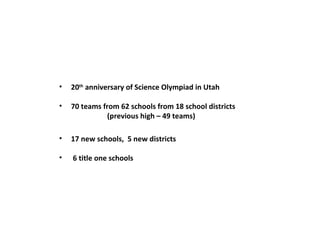 20 th  anniversary of Science Olympiad in Utah 70 teams from 62 schools from 18 school districts  (previous high – 49 teams) 17 new schools,  5 new districts 6 title one schools 