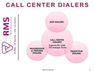 RMS Tech Solutions 12
CALL CENTER DIALERS
CALL CENTER
DIALERS
GSM DIALERS
PREDICTIVE
DIALING
PROGRESSIVE
or PREVIEW
DIALING
Supports PRI, GSM,
SIP, Analogue Trunks
 