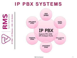 RMS Tech Solutions 7
IP PBX SYSTEMS
IP PBX
MINI
IPPBX
HOTEL
IPPBX
REAL ESTATE
IPPBX
APARTMENT
IPPBX
HOSPITAL
IPPBX
APPLIANCE
IPPBX
Supports PRI, GSM,
SIP, Analogue Trunks
 