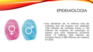 EPIDEMIOLOGIA
• Hay alrededor de 14 millones más de
hombres que de mujeres con diabetes
(198 millones de hombres frente a 184
millones de mujeres). Sin embargo, se
espera que esta diferencia aumente
hasta 15 millones (305 millones de
hombres frente a 288 millones de mujeres)
en 2035.
 