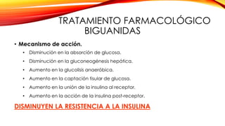 TRATAMIENTO FARMACOLÓGICO
BIGUANIDAS
• Mecanismo de acción.
• Disminución en la absorción de glucosa.
• Disminución en la gluconeogénesis hepática.
• Aumento en la glucolisis anaeróbica.
• Aumento en la captación tisular de glucosa.
• Aumento en la unión de la insulina al receptor.
• Aumento en la acción de la insulina post-receptor.
DISMINUYEN LA RESISTENCIA A LA INSULINA
 