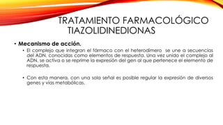 TRATAMIENTO FARMACOLÓGICO
TIAZOLIDINEDIONAS
• Mecanismo de acción.
• El complejo que integran el fármaco con el heterodímero se une a secuencias
del ADN, conocidas como elementos de respuesta. Una vez unido el complejo al
ADN, se activa o se reprime la expresión del gen al que pertenece el elemento de
respuesta.
• Con esta manera, con una sola señal es posible regular la expresión de diversos
genes y vías metabólicas.
 