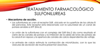 TRATAMIENTO FARMACOLÓGICO
SULFONILUREAS
• Mecanismo de acción.
• Las sulfonilureas se unen al receptor SUR, ubicado en la superficie de las células B
del páncreas. Este receptor esta relacionado con la subunidad de un canal de
potasio sensible a ATP (Kiro.2)
• La unión de la sulfonilurea con el complejo del SUR Kiro.2 da como resultado el
cierre de los canales de potasio y la inhibición de la salida de iones de potasio de
la celula B en reposo y la apertura de canales de calcio dependientes de voltaje.
• La entrada de calcio estimula la contracción de microtúbulos, con lo que las
vesículas de secreción de insulina presentan exocitosis.
 