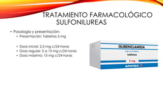 TRATAMIENTO FARMACOLÓGICO
SULFONILUREAS
• Posología y presentación:
• Presentación: Tabletas 5 mg
• Dosis inicial: 2.5 mg c/24 horas
• Dosis regular: 5 a 15 mg c/24 horas
• Dosis máxima: 15 mg c/24 horas
 