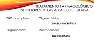 TRATAMIENTO FARMACOLÓGICO
INHIBIDORES DE LAS ALFA GLUCOSIDASA
CHO´s complejos Oligosacáridos
Oligosacáridos Monosacáridos
LIPASA PANCREÁTICA
GLUCOSIDASAS
 