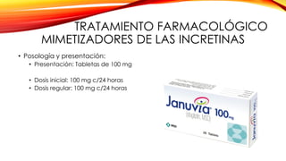 TRATAMIENTO FARMACOLÓGICO
MIMETIZADORES DE LAS INCRETINAS
• Posología y presentación:
• Presentación: Tabletas de 100 mg
• Dosis inicial: 100 mg c/24 horas
• Dosis regular: 100 mg c/24 horas
 
