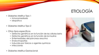 ETIOLOGÍA
• Diabetes Mellitus Tipo 1
• Inmunomediada
• Idiopática
• Diabetes Mellitus Tipo 2
• Otros tipos específicos
• Defectos genéticos en la función de las células beta
• Defectos genéticos en la función de la insulina
• Enfermedades del páncreas exocrino
• Endocrinopatías
• Inducida por tóxicos o agentes químicos
• Infecciones
• Diabetes Mellitus Gestacional
 