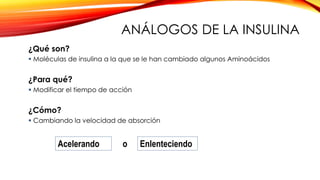 ¿Qué son?
 Moléculas de insulina a la que se le han cambiado algunos Aminoácidos
¿Para qué?
 Modificar el tiempo de acción
¿Cómo?
 Cambiando la velocidad de absorción
Acelerando Enlenteciendoo
ANÁLOGOS DE LA INSULINA
 