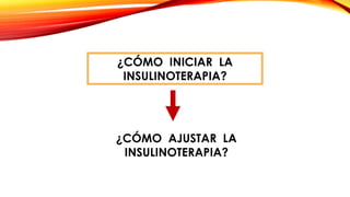 ¿CÓMO INICIAR LA
INSULINOTERAPIA?
¿CÓMO AJUSTAR LA
INSULINOTERAPIA?
 