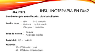 Insulinoterapia intensificada: plan basal bolos
Insulina basal
Bolos de insulina
• Regular
• Análogos rápidos
• NPH 2 – 3 dosis/día
• Detemir 1 – 2 dosis/día
• Glargina 1 dosis/día
Dosis total : 0.3 - 1 u/k/día
Repartido
50 – 60% insulina basal
50 – 40% bolos preprandiales
3RA. ETAPA INSULINOTERAPIA EN DM2
 