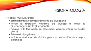 FISIOPATOLOGÍA
• Hígado, músculo, grasa
• Estimula síntesis y almacenamiento de glucógeno
• Inhibe la liberación hepática de glucosa al inhibir la
gluconeogénesis y la glucogenolisis
• Promueve la formación de precursores para la síntesis de ácidos
grasos
• Estimula la lipogénesis
• Inhibe la oxidación de ácidos grasos y producción de cuerpos
cetónicos
 