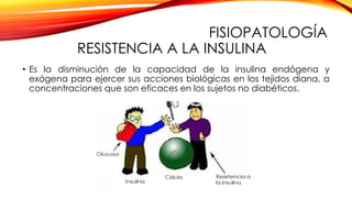FISIOPATOLOGÍA
RESISTENCIA A LA INSULINA
• Es la disminución de la capacidad de la insulina endógena y
exógena para ejercer sus acciones biológicas en los tejidos diana, a
concentraciones que son eficaces en los sujetos no diabéticos.
 