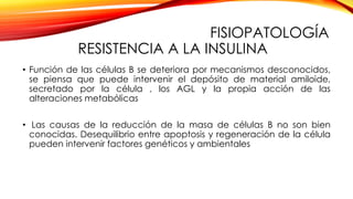 FISIOPATOLOGÍA
RESISTENCIA A LA INSULINA
• Función de las células B se deteriora por mecanismos desconocidos,
se piensa que puede intervenir el depósito de material amiloide,
secretado por la célula , los AGL y la propia acción de las
alteraciones metabólicas
• Las causas de la reducción de la masa de células B no son bien
conocidas. Desequilibrio entre apoptosis y regeneración de la célula
pueden intervenir factores genéticos y ambientales
 