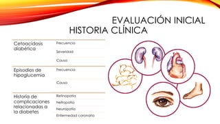 EVALUACIÓN INICIAL
HISTORIA CLÍNICA
Cetoacidosis
diabética
Frecuencia
Severidad
Causa
Episodios de
hipoglucemia
Frecuencia
Causa
Historia de
complicaciones
relacionadas a
la diabetes
Retinopatía
Nefropatía
Neuropatía
Enfermedad coronaria
 
