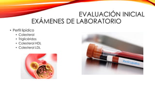 EVALUACIÓN INICIAL
EXÁMENES DE LABORATORIO
• Perfil lipídico
• Colesterol
• Triglicéridos
• Colesterol HDL
• Colesterol LDL
 