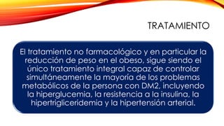 TRATAMIENTO
El tratamiento no farmacológico y en particular la
reducción de peso en el obeso, sigue siendo el
único tratamiento integral capaz de controlar
simultáneamente la mayoría de los problemas
metabólicos de la persona con DM2, incluyendo
la hiperglucemia, la resistencia a la insulina, la
hipertrigliceridemia y la hipertensión arterial.
 
