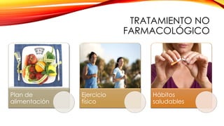 TRATAMIENTO NO
FARMACOLÓGICO
Plan de
alimentación
Ejercicio
físico
Hábitos
saludables
 