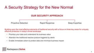 A Security Strategy for the New Normal
Building upon the most effective elements of traditional security with a focus on three key areas for uniquely
effective protection in today’s threat landscape
• Prioritize your data and understand its business value
• Abandon the traditional reactive posture triggered by alerts
• Enable immediate action to protect data and minimize business impact
3
OUR SECURITY APPROACH
Proactive Detection Rapid Response Deep Expertise
 