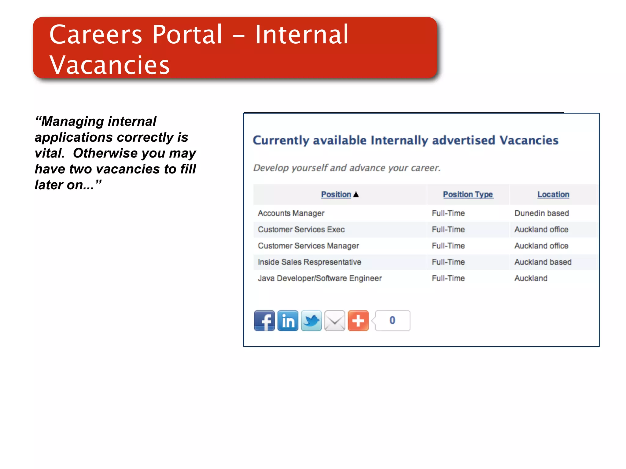 Careers Portal - Internal
  Vacancies

“Managing internal
applications correctly is
vital. Otherwise you may
have two vacancies to fill
later on...”                 Screenshot of
                                 RMS
 