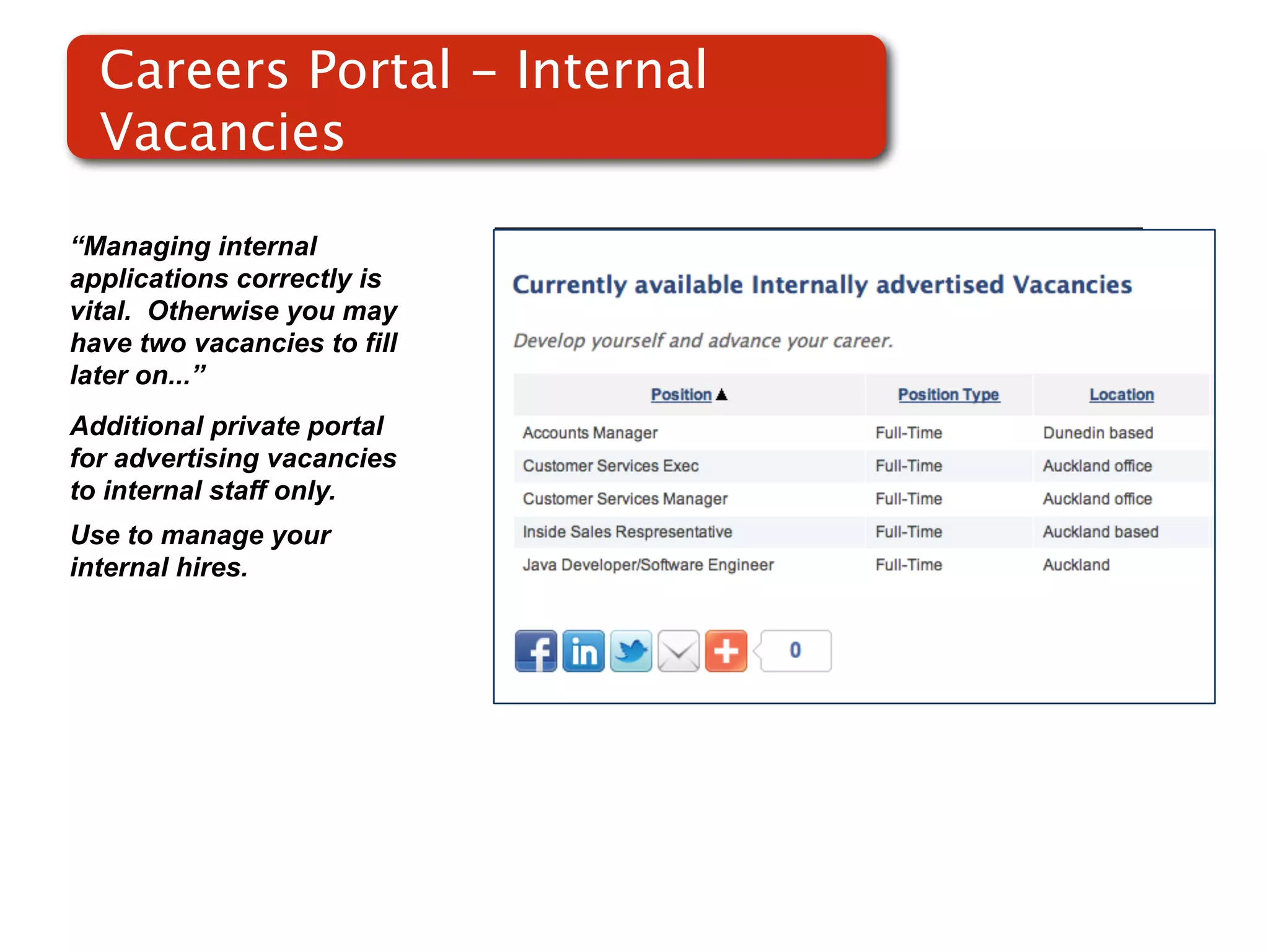 Careers Portal - Internal
  Vacancies

“Managing internal
applications correctly is
vital. Otherwise you may
have two vacancies to fill
later on...”                 Screenshot of
Additional private portal
for advertising vacancies
                                 RMS
to internal staff only.
Use to manage your
internal hires.
 