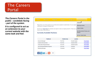 The Careers
  Portal

The Careers Portal is the
public - candidate facing
- part of the system.
It is configured to act as
an extension to your
current website with the
same look and feel.
 