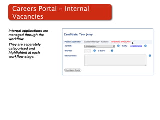 Careers Portal - Internal
  Vacancies

Internal applications are
managed through the
workflow.
They are separately
categorised and
highlighted at each
workflow stage.
 