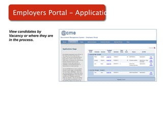 Employers Portal - Applications

View candidates by
Vacancy or where they are
in the process.
 