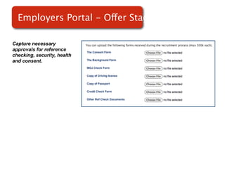 Employers Portal - Offer Stage

Capture necessary
approvals for reference
checking, security, health
and consent.
 