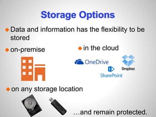 Storage Options
Data and information has the flexibility to be
stored
on-premise in the cloud
on any storage location
…and remain protected.
 