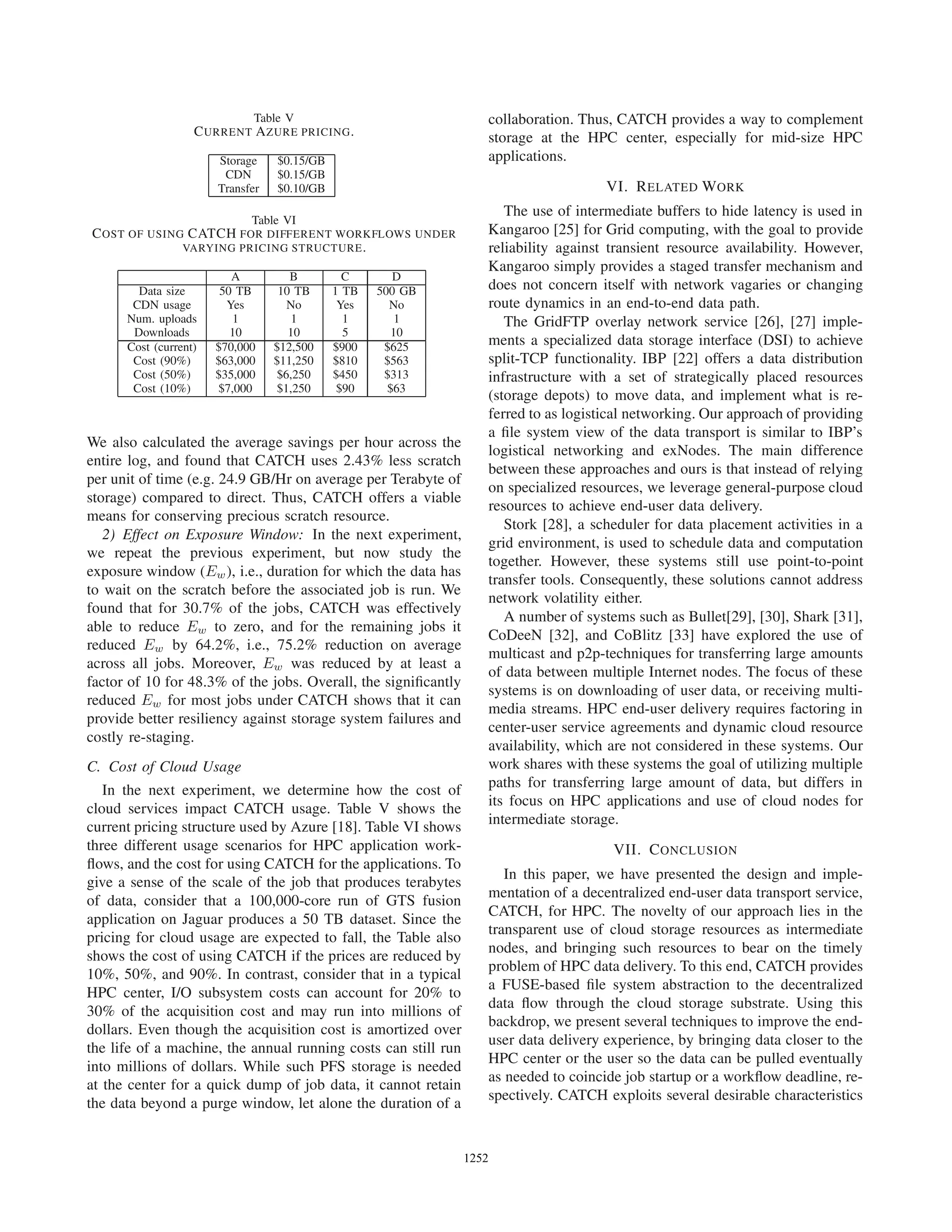 Table V
CURRENT AZURE PRICING.
Storage $0.15/GB
CDN $0.15/GB
Transfer $0.10/GB
Table VI
COST OF USING CATCH FOR DIFFERENT WORKFLOWS UNDER
VARYING PRICING STRUCTURE.
A B C D
Data size 50 TB 10 TB 1 TB 500 GB
CDN usage Yes No Yes No
Num. uploads 1 1 1 1
Downloads 10 10 5 10
Cost (current) $70,000 $12,500 $900 $625
Cost (90%) $63,000 $11,250 $810 $563
Cost (50%) $35,000 $6,250 $450 $313
Cost (10%) $7,000 $1,250 $90 $63
We also calculated the average savings per hour across the
entire log, and found that CATCH uses 2.43% less scratch
per unit of time (e.g. 24.9 GB/Hr on average per Terabyte of
storage) compared to direct. Thus, CATCH offers a viable
means for conserving precious scratch resource.
2) Effect on Exposure Window: In the next experiment,
we repeat the previous experiment, but now study the
exposure window (Ew), i.e., duration for which the data has
to wait on the scratch before the associated job is run. We
found that for 30.7% of the jobs, CATCH was effectively
able to reduce Ew to zero, and for the remaining jobs it
reduced Ew by 64.2%, i.e., 75.2% reduction on average
across all jobs. Moreover, Ew was reduced by at least a
factor of 10 for 48.3% of the jobs. Overall, the signiﬁcantly
reduced Ew for most jobs under CATCH shows that it can
provide better resiliency against storage system failures and
costly re-staging.
C. Cost of Cloud Usage
In the next experiment, we determine how the cost of
cloud services impact CATCH usage. Table V shows the
current pricing structure used by Azure [18]. Table VI shows
three different usage scenarios for HPC application work-
ﬂows, and the cost for using CATCH for the applications. To
give a sense of the scale of the job that produces terabytes
of data, consider that a 100,000-core run of GTS fusion
application on Jaguar produces a 50 TB dataset. Since the
pricing for cloud usage are expected to fall, the Table also
shows the cost of using CATCH if the prices are reduced by
10%, 50%, and 90%. In contrast, consider that in a typical
HPC center, I/O subsystem costs can account for 20% to
30% of the acquisition cost and may run into millions of
dollars. Even though the acquisition cost is amortized over
the life of a machine, the annual running costs can still run
into millions of dollars. While such PFS storage is needed
at the center for a quick dump of job data, it cannot retain
the data beyond a purge window, let alone the duration of a
collaboration. Thus, CATCH provides a way to complement
storage at the HPC center, especially for mid-size HPC
applications.
VI. RELATED WORK
The use of intermediate buffers to hide latency is used in
Kangaroo [25] for Grid computing, with the goal to provide
reliability against transient resource availability. However,
Kangaroo simply provides a staged transfer mechanism and
does not concern itself with network vagaries or changing
route dynamics in an end-to-end data path.
The GridFTP overlay network service [26], [27] imple-
ments a specialized data storage interface (DSI) to achieve
split-TCP functionality. IBP [22] offers a data distribution
infrastructure with a set of strategically placed resources
(storage depots) to move data, and implement what is re-
ferred to as logistical networking. Our approach of providing
a ﬁle system view of the data transport is similar to IBP’s
logistical networking and exNodes. The main difference
between these approaches and ours is that instead of relying
on specialized resources, we leverage general-purpose cloud
resources to achieve end-user data delivery.
Stork [28], a scheduler for data placement activities in a
grid environment, is used to schedule data and computation
together. However, these systems still use point-to-point
transfer tools. Consequently, these solutions cannot address
network volatility either.
A number of systems such as Bullet[29], [30], Shark [31],
CoDeeN [32], and CoBlitz [33] have explored the use of
multicast and p2p-techniques for transferring large amounts
of data between multiple Internet nodes. The focus of these
systems is on downloading of user data, or receiving multi-
media streams. HPC end-user delivery requires factoring in
center-user service agreements and dynamic cloud resource
availability, which are not considered in these systems. Our
work shares with these systems the goal of utilizing multiple
paths for transferring large amount of data, but differs in
its focus on HPC applications and use of cloud nodes for
intermediate storage.
VII. CONCLUSION
In this paper, we have presented the design and imple-
mentation of a decentralized end-user data transport service,
CATCH, for HPC. The novelty of our approach lies in the
transparent use of cloud storage resources as intermediate
nodes, and bringing such resources to bear on the timely
problem of HPC data delivery. To this end, CATCH provides
a FUSE-based ﬁle system abstraction to the decentralized
data ﬂow through the cloud storage substrate. Using this
backdrop, we present several techniques to improve the end-
user data delivery experience, by bringing data closer to the
HPC center or the user so the data can be pulled eventually
as needed to coincide job startup or a workﬂow deadline, re-
spectively. CATCH exploits several desirable characteristics
12521252123912521252125212521252
 
