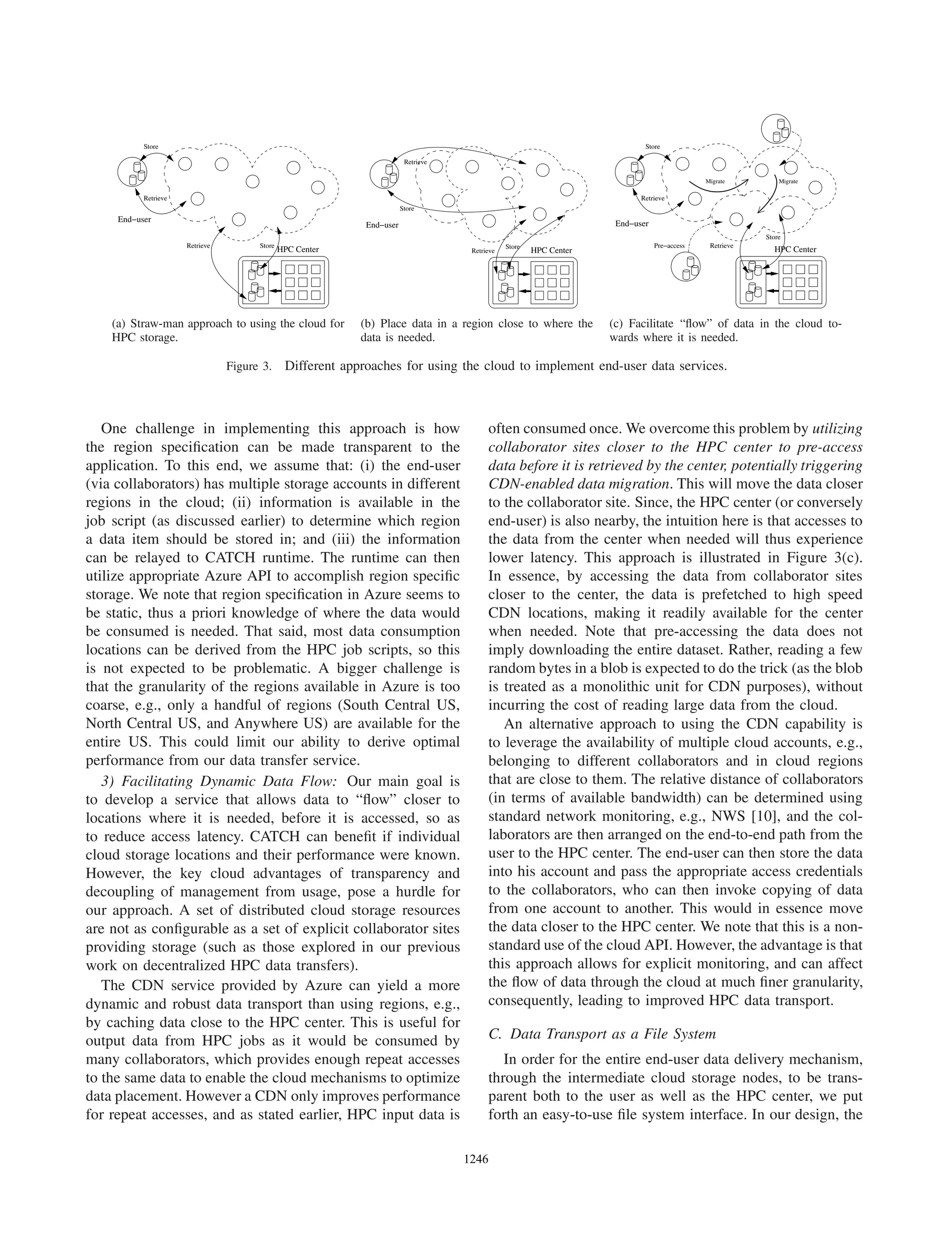 Retrieve
Store
End−user
Retrieve Store
HPC Center
(a) Straw-man approach to using the cloud for
HPC storage.
HPC Center
End−user
Store
Retrieve
Retrieve
Store
(b) Place data in a region close to where the
data is needed.
End−user
Store
Retrieve
Retrieve
Store
HPC Center
MigrateMigrate
Pre−access
(c) Facilitate “ﬂow” of data in the cloud to-
wards where it is needed.
Figure 3. Different approaches for using the cloud to implement end-user data services.
One challenge in implementing this approach is how
the region speciﬁcation can be made transparent to the
application. To this end, we assume that: (i) the end-user
(via collaborators) has multiple storage accounts in different
regions in the cloud; (ii) information is available in the
job script (as discussed earlier) to determine which region
a data item should be stored in; and (iii) the information
can be relayed to CATCH runtime. The runtime can then
utilize appropriate Azure API to accomplish region speciﬁc
storage. We note that region speciﬁcation in Azure seems to
be static, thus a priori knowledge of where the data would
be consumed is needed. That said, most data consumption
locations can be derived from the HPC job scripts, so this
is not expected to be problematic. A bigger challenge is
that the granularity of the regions available in Azure is too
coarse, e.g., only a handful of regions (South Central US,
North Central US, and Anywhere US) are available for the
entire US. This could limit our ability to derive optimal
performance from our data transfer service.
3) Facilitating Dynamic Data Flow: Our main goal is
to develop a service that allows data to “ﬂow” closer to
locations where it is needed, before it is accessed, so as
to reduce access latency. CATCH can beneﬁt if individual
cloud storage locations and their performance were known.
However, the key cloud advantages of transparency and
decoupling of management from usage, pose a hurdle for
our approach. A set of distributed cloud storage resources
are not as conﬁgurable as a set of explicit collaborator sites
providing storage (such as those explored in our previous
work on decentralized HPC data transfers).
The CDN service provided by Azure can yield a more
dynamic and robust data transport than using regions, e.g.,
by caching data close to the HPC center. This is useful for
output data from HPC jobs as it would be consumed by
many collaborators, which provides enough repeat accesses
to the same data to enable the cloud mechanisms to optimize
data placement. However a CDN only improves performance
for repeat accesses, and as stated earlier, HPC input data is
often consumed once. We overcome this problem by utilizing
collaborator sites closer to the HPC center to pre-access
data before it is retrieved by the center, potentially triggering
CDN-enabled data migration. This will move the data closer
to the collaborator site. Since, the HPC center (or conversely
end-user) is also nearby, the intuition here is that accesses to
the data from the center when needed will thus experience
lower latency. This approach is illustrated in Figure 3(c).
In essence, by accessing the data from collaborator sites
closer to the center, the data is prefetched to high speed
CDN locations, making it readily available for the center
when needed. Note that pre-accessing the data does not
imply downloading the entire dataset. Rather, reading a few
random bytes in a blob is expected to do the trick (as the blob
is treated as a monolithic unit for CDN purposes), without
incurring the cost of reading large data from the cloud.
An alternative approach to using the CDN capability is
to leverage the availability of multiple cloud accounts, e.g.,
belonging to different collaborators and in cloud regions
that are close to them. The relative distance of collaborators
(in terms of available bandwidth) can be determined using
standard network monitoring, e.g., NWS [10], and the col-
laborators are then arranged on the end-to-end path from the
user to the HPC center. The end-user can then store the data
into his account and pass the appropriate access credentials
to the collaborators, who can then invoke copying of data
from one account to another. This would in essence move
the data closer to the HPC center. We note that this is a non-
standard use of the cloud API. However, the advantage is that
this approach allows for explicit monitoring, and can affect
the ﬂow of data through the cloud at much ﬁner granularity,
consequently, leading to improved HPC data transport.
C. Data Transport as a File System
In order for the entire end-user data delivery mechanism,
through the intermediate cloud storage nodes, to be trans-
parent both to the user as well as the HPC center, we put
forth an easy-to-use ﬁle system interface. In our design, the
12461246123312461246124612461246
 