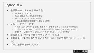 Python 基本
● 最低限知っておくべきデータ型
○ int: 整数 (1 ,2, 3など)
○ float: 小数点 (1.0, 2.1, 3.3333など)
○ str: 文字列 (‘a’, ‘b’, “本郷”, など)
○ その他複素数などを定義する型なども存在
● リスト・タプル・辞書
○ リスト: 配列と呼ばれるもの。複数のデータをまとめる ([1,2,3], [10, 20]など)
○ タプル: リストと似ていてるが、中身の変更ができない ((1,2,3), (10, 20)など)
○ 辞書: キーと値のペアからなる ({ ‘a’: 1, ‘b’, 10}, { 1: 10, ‘x’: 100}など)
● 四則演算: いわゆる計算を行うもの (+ - * / など)
● 比較演算子: 条件を満たすかどうかをTrue, Falseで返す (==, !=, <, >, <=,
>=)
● ブール演算子 (and, or, not)
 